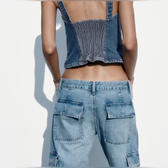 Zara Cotton Blend Belt Loop Wide Leg Cargo Jeans In Light Indigo Wash Size 2 - Picture 11 of 16